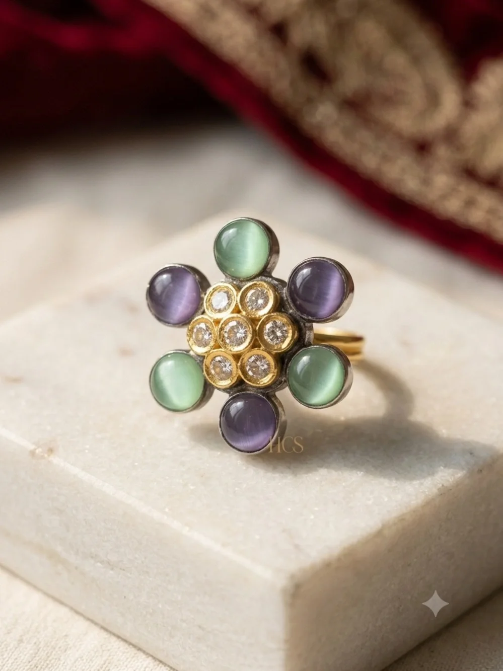 Gold Floral Multi-Stone Ring with Green and Gray Cabochons